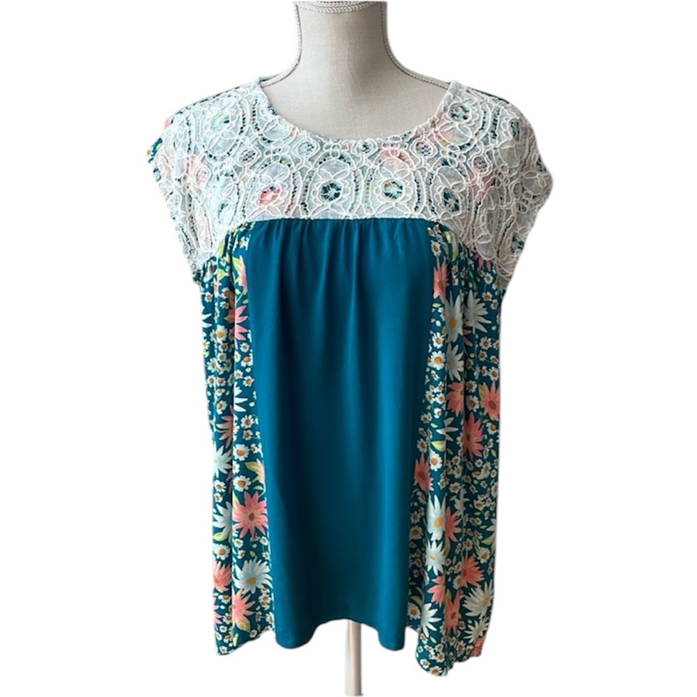Matilda Jane Teal Floral Lace Yoke Blouse